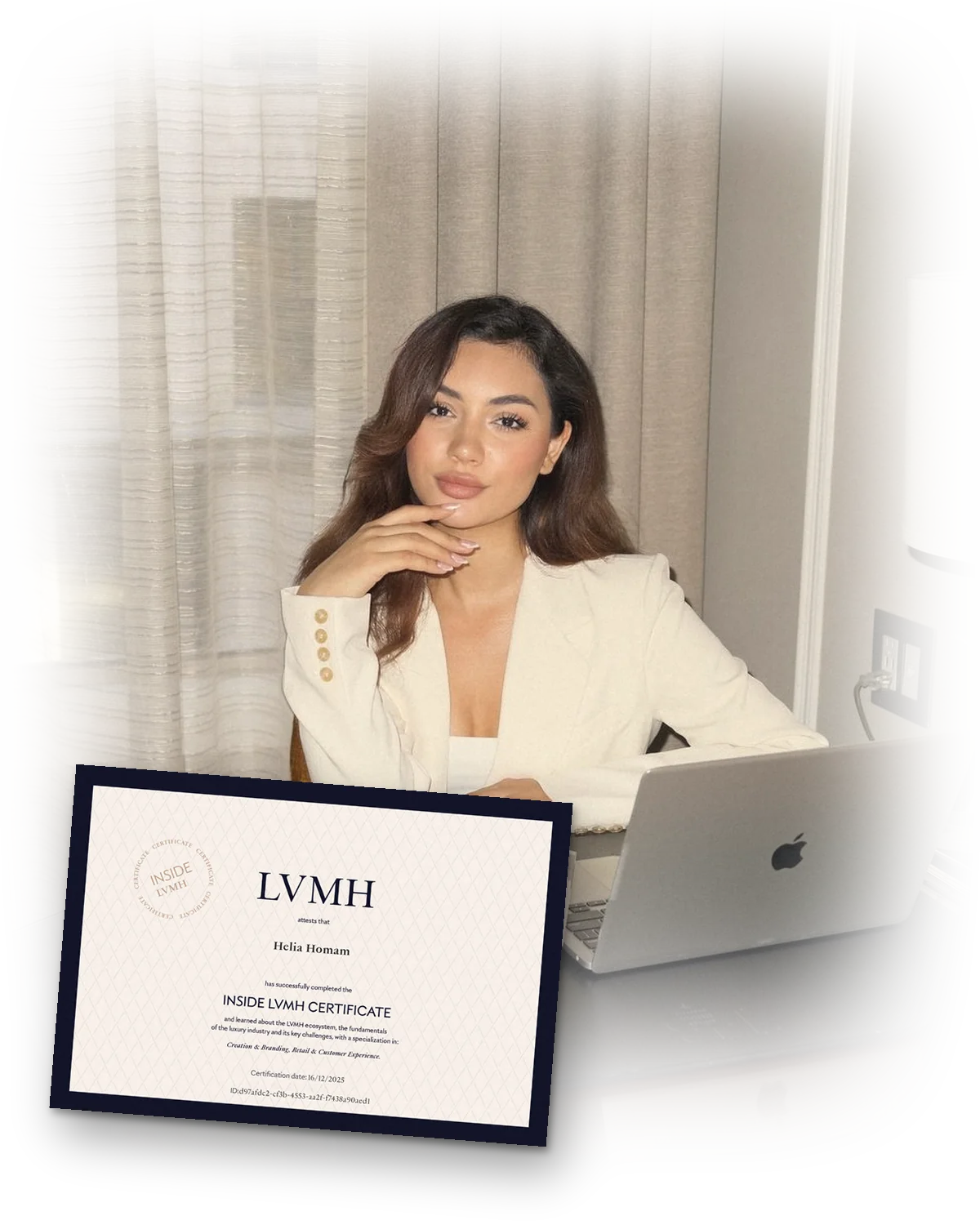 Helia Homam at her desk with her Inside LVMH Certificate in Creation & Branding and Retail & Customer Experience