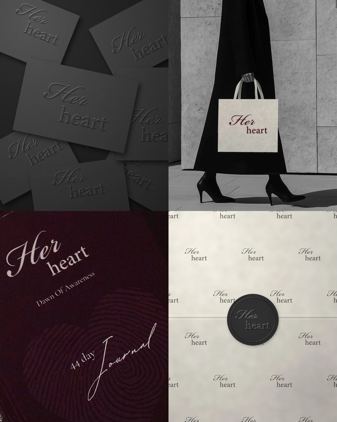 HerHeart brand identity: embossed cards, shopping bag, journal and tissue paper with seal