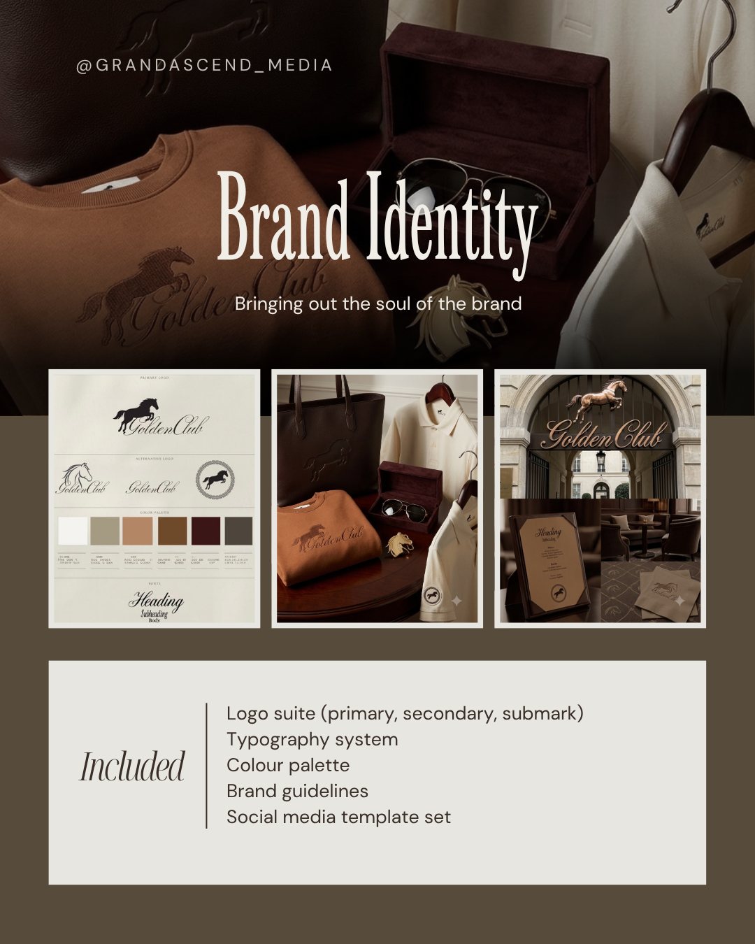 GrandAscend Brand Identity service, Golden Club brand mockups